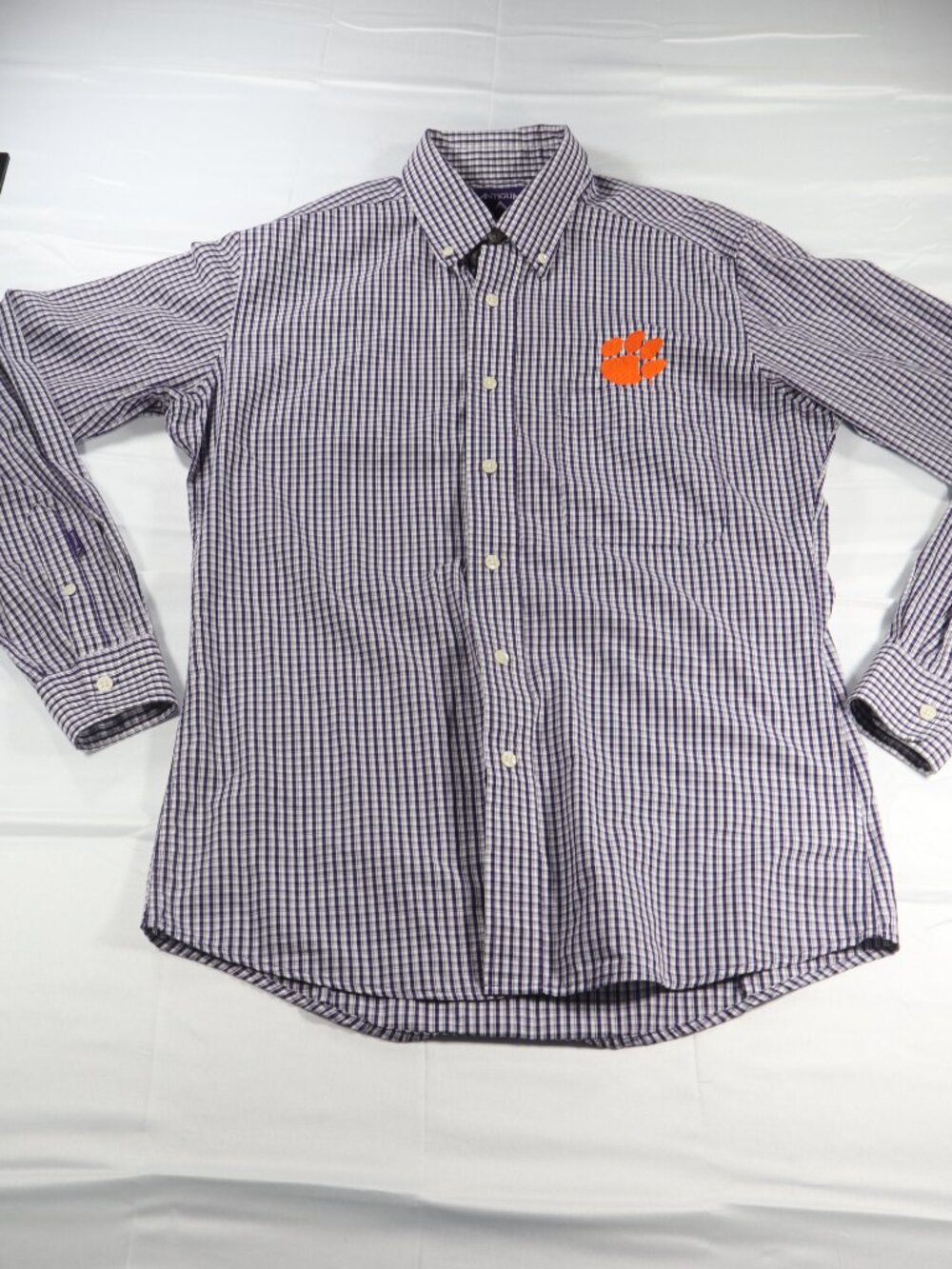 Antigua Mens M Clemson Paw Logo Button-Up Shirt Navy/White Plaid LS Cotton Blend